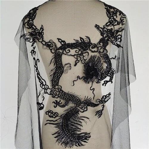 New sexy luxury black mesh embroidery beaded applique patch sequins auspicious cloud dragon dress back applique fabric