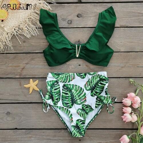2021 New Green Swimwear y2k Bow Bikinis Print Separate Swimsuit Shirring Swimming Suits Bathing Suit Summer Beachwear