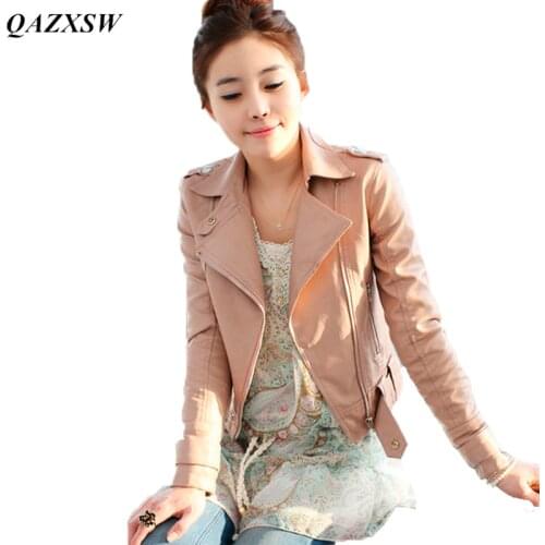 QAZXSW 2019 New Arrival Women Leather Jacket Women Motor Jackets Solid Slim PU Leather Motorcycle Jackets Coats YX8838