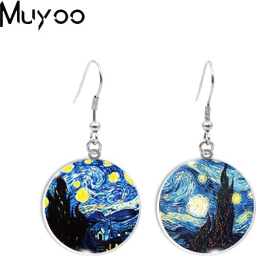 New Vintage Van Gogh Famous Oil Paintings Starry Night Sunflower Handmade Acrylic Epoxy Resin Dangle Earrings