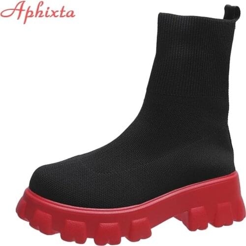 Aphixta Autumn New Stretch Fabric Socks Shoes Woman Casual Platform Boots Net Red Knitted Short Boots Women Plus Size Booties