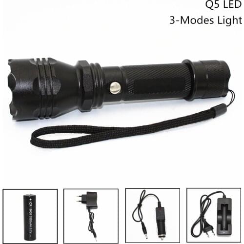 Uranusfire 300LM Q5 LED Flashlight 3 Modes Light Aluminum Lamp 18650 Torch AC Car Charger