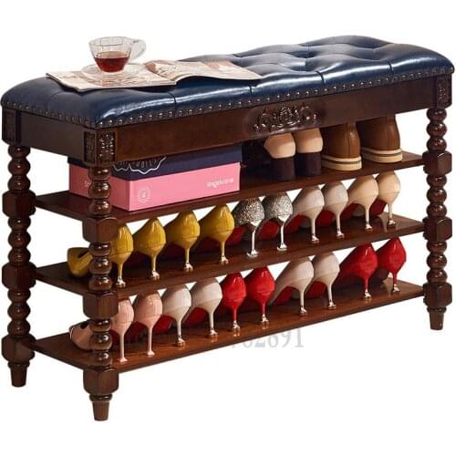 American Solid Wood Three-layer Shoe Changing Stool European Style Can Sit Leather Flip Storage Stool Shoe Cabinet Bench Sofa St