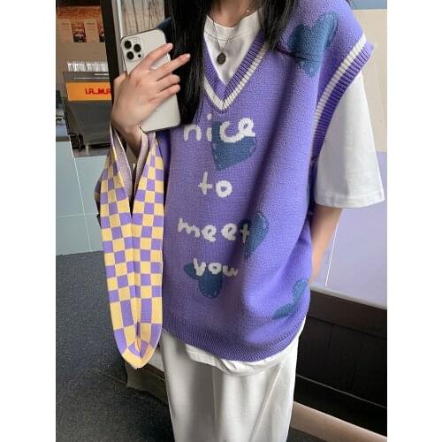 V-neck Knitted Vest Womens Autumn 2021 New Loose Korean Style Outwear Lazy Woman Sweaters Y2k Sleeveless Sweater for Women