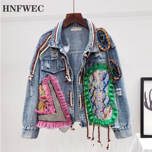 2020 Autumn Winter Long Sleeve Turn Down Collar Vintage Holes Mesh Patchwork Blue Denim Jacket Women Coat Streetwear K411