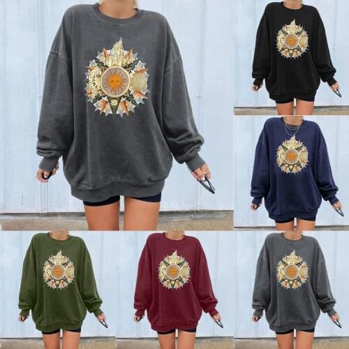 2021 Womens Hoodies Casual Loose Sweater Sun Castle Print Long Sleeve Round Neck Pullover Autumn Oversized Hoodie Sweatshirts