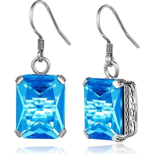 Szjinao Women Real Sterling Silver 925 Earrings Blue Topaz Big Earings Fashion Jewelry Rectangle Gemstone Wedding Gift 2020 New
