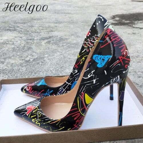 Heelgoo Black Graphic Print Women Pointy Toe High Heel Party Shoes Chic Ladies Slip On Stiletto Pumps 8cm 10cm 12cm Size 44 45