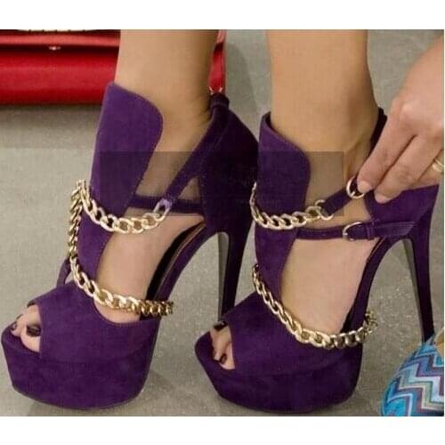 Solid color cut-outs woman pumps gold chains decoration purple/orange/blue super high heels peep toe platform heels dress shoes