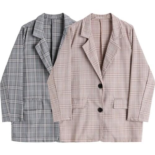 Vintage Loose Women Plaid Blazer 2021 Autumn Chic Single Breasted Female Long Sleeve Suit Jackets Stylish Ladies Blazer Office