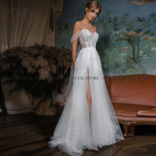 ADLN Off the Shoulder Boho Wedding Dresses A-line Sexy Side Slit Lace Bridal Wedding Gown Robe De Mariage Свадебное платье