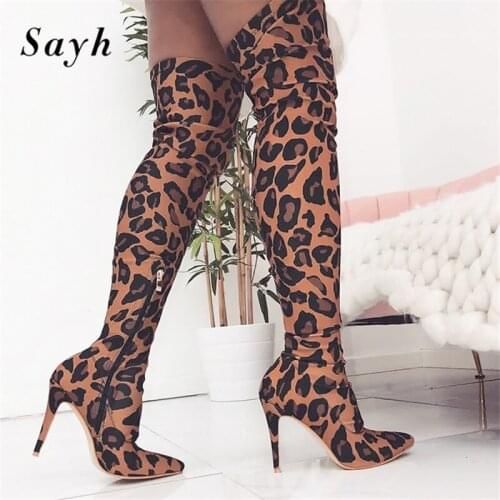 Winter Women Over Knee High Heels Boots Shoes Zip Leopard Sexy Shoes Pointy Toe Stilettos Boots Womens Boots Women Sexy Shoes
