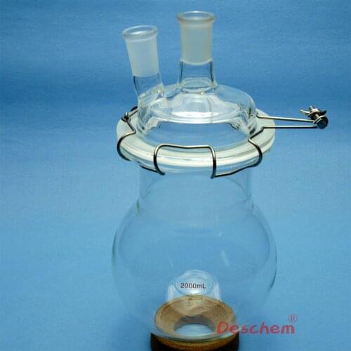 2000ml,24/40,Glass Reactor,Two Necks,2L Laboratory Reaction Flask,W/ Lid & Clamp