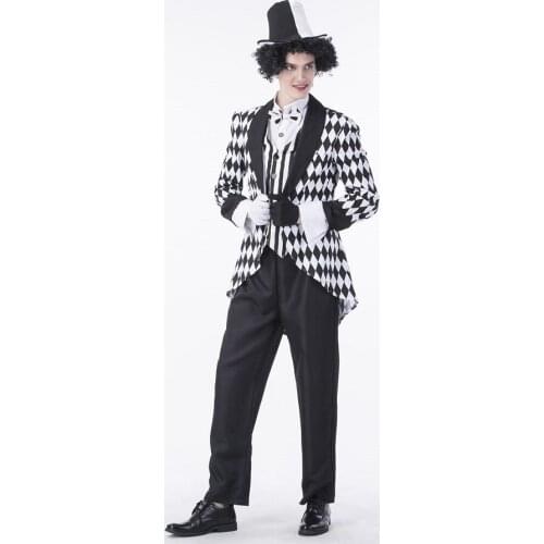 2019 New Halloween Carnival Party White and Black Plaid Magician Fantasy Costumes Men Costume Cosplay Fancy Clothes with Hat
