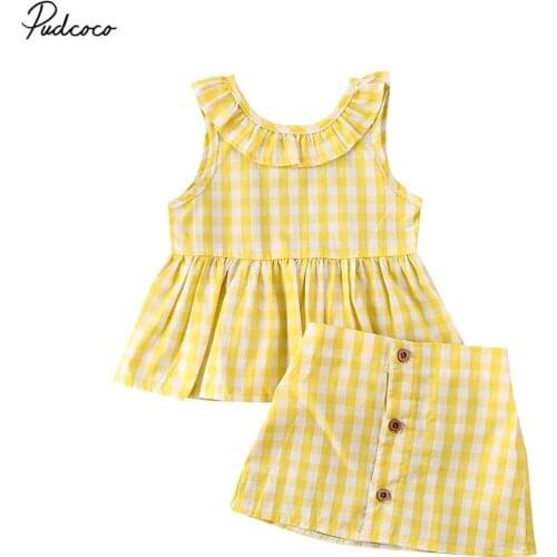2020 Newborn Baby Girl Kid Summer Clothes Ruffle Plaid Sleeveless Tops Vest+Button A-line Skirt Outfit Set 2pcs
