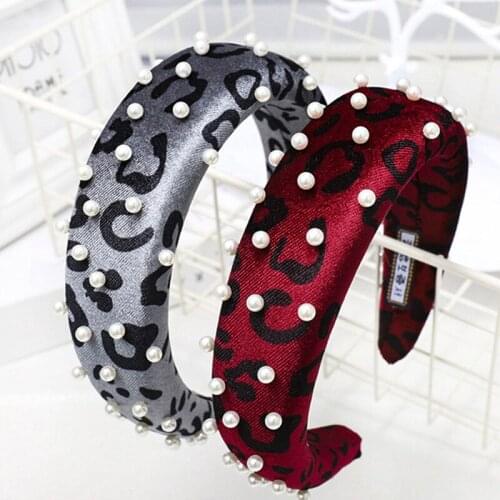 6pcs Fashion Thick Velvet Sponge Headband Women Europe America Pearl Beaded Headband Leopard Hairband Hair Ornaments