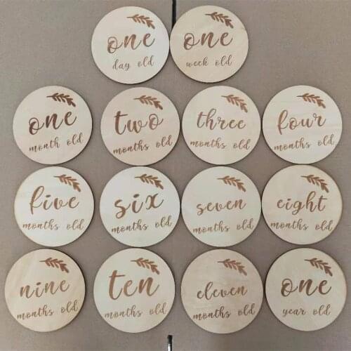 14pcs /set Wooden Baby Milestone Cards Memorial Monthly Discs Newborn Kids Announcement