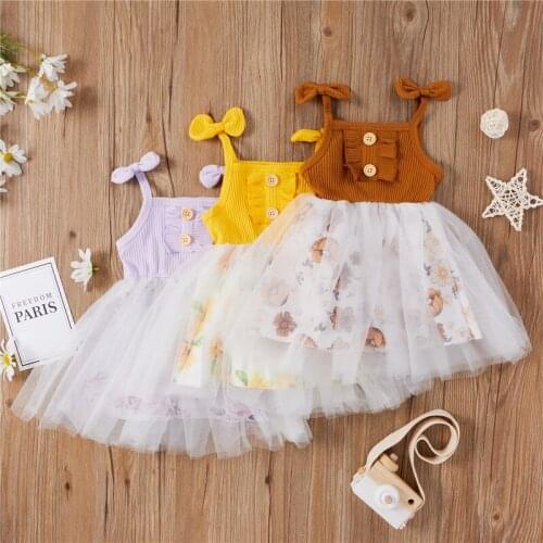 2021 0-4Y Cute Kids Girls Dress Floral Print Sleeveless Stitching Button One-Piece Sundress for Summer Khaki/Yellow/Light Purple