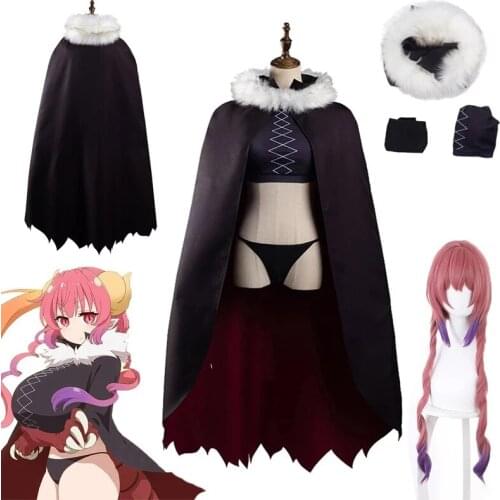 Anime Miss Kobayashis Dragon Maid Iruru Cosplay Costumes Women Halloween Party Black Tube top Cloak Full Set Free Shipping