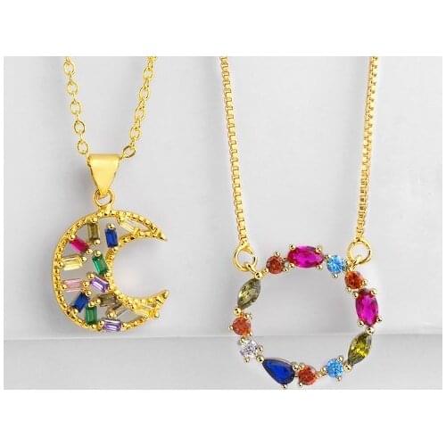 Moon round multicolor micro pave cz zircon cubic zirconia necklace copper Clavicle gold plated Snake Chain Choker Pendant 3ve2