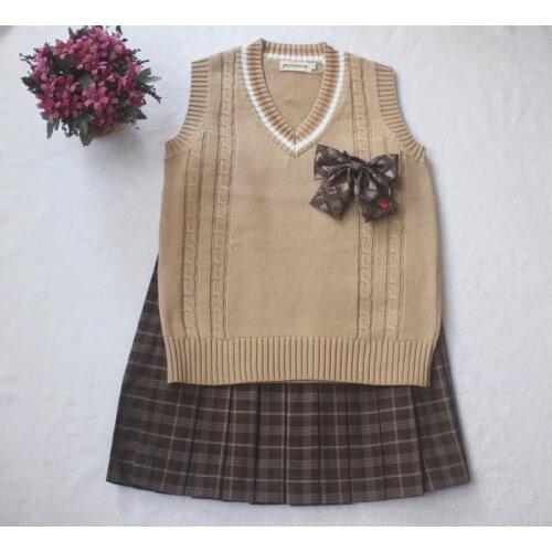 Cute Womens Japanese JK Uniform V-Neck Vest Coffee Color Twisted Line Sleeveless Sweater Cotton Tops (Sweater Only)