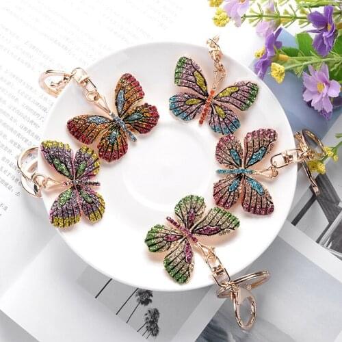 Cute Full Rhinestone Alloy Animal Key Chain For Women Crystal Glittering Butterfly Keychain Bag Accessories Gold Car Key Ring