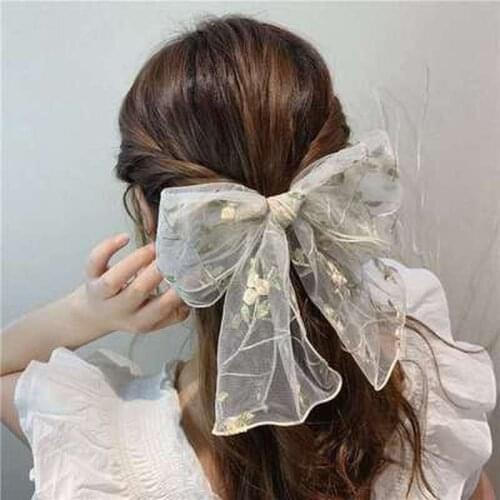 Ins Fashion Elegant Women Hair Ropes Black White Floral Lace Bowknot Printing Streamer Hairpin Hair Band Girls Hair Accessories
