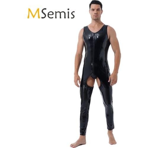 Mens Gay Male Wet Look Leather Lingerie Teddies Bodysuit Sleeveless Back Zipper Crotchless Sissy Night Party Clubwear Costume