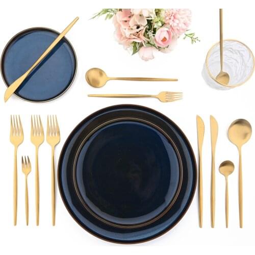 JANKNG 30Pcs Matte Gold Cutlery Set Stainless Steel Flatware Set Knife Fork Spoon Cake Dinnerware Western Silverware Tableware