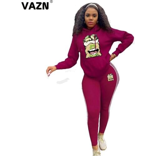 VAZN 2020 New Plus Size High-end Young Daily Regular Casual Tracksuit Hooded Full Sleeve Long Pants Slim Women 2 Piece Set