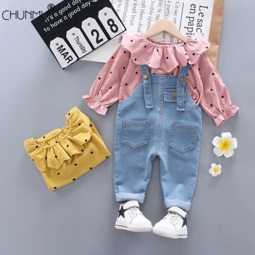 Infant Clothing For Baby Girls Clothes Set Casual Newborn Baby Girls Clothes Dots Tops + Denim Overalls 2 Pcs Spring Autumn Suit