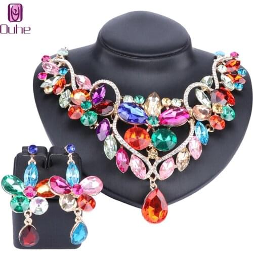 Luxury Crystal Rhinestone Crystal Flower Necklace Earrings Set For Women Wedding Bridal Jewelry Sets 5 Colors