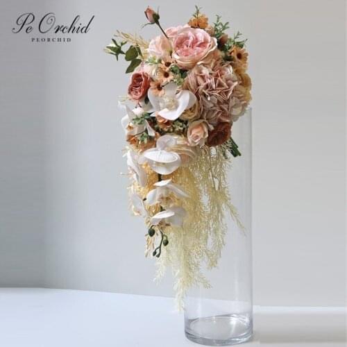 PEORCHID Tear Drop Wedding Bouquet Pink Peony Ramo De Novia Vintage Orchids Rose Artificial flowers Cascade Bouquet Decor