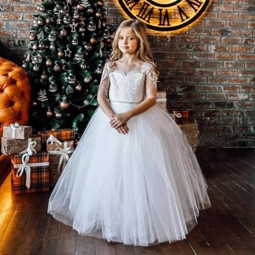 Half Sleeves Flower Girl Dress for Weddings Lace Appliques Tulle Girls First Communion Gowns Crystal Waist Sash with Bow Back