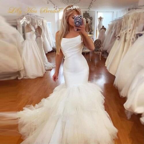 Mermaid Wedding Dress 2020 Strapless Sleeveless Ruched Top Ruffled Tulle Skirt Trumpet Bridal Gowns Custom Made