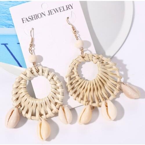 Hesiod Multiple Style Korea Handmade Wooden Straw Weave Shell Braid Drop Earrings New Fashion Geometric Long Earrings