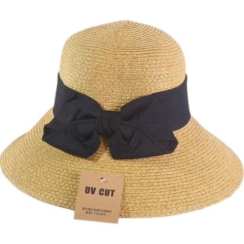 Doitbest summer sun hat bow Anti-UV cap Fashionable Straw hats big brim Womens Sea beach vacation leisure sunscreen hat
