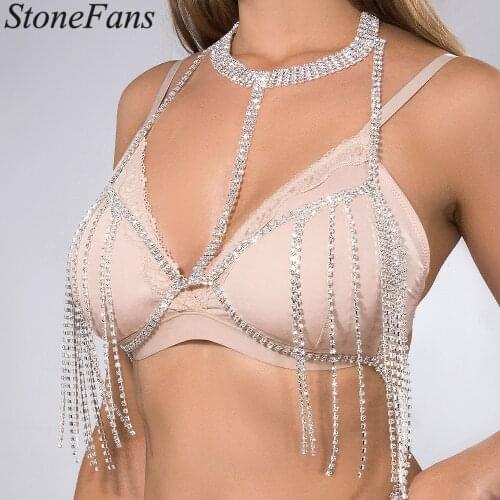 Stonefans Sexy Full Rhinestone Choker Bra Chain Tassel Pendant for Women Fashion Adjustable Body Chain Crystal Bra Top Jewelry