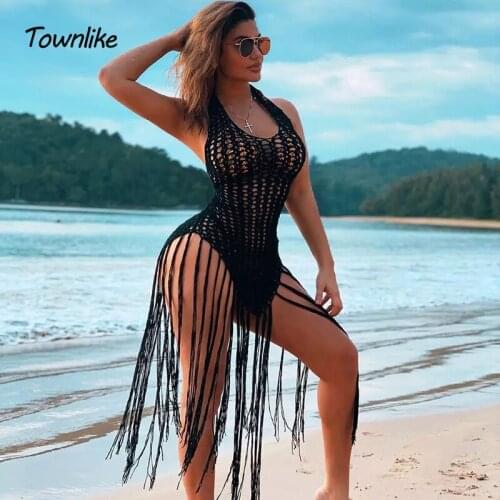 Townlike Women Sexy Knitted Hollow Out Tassel Beach Dress Sleeveless Summer Beach Cover Up Maxi Dress Female Vestidos