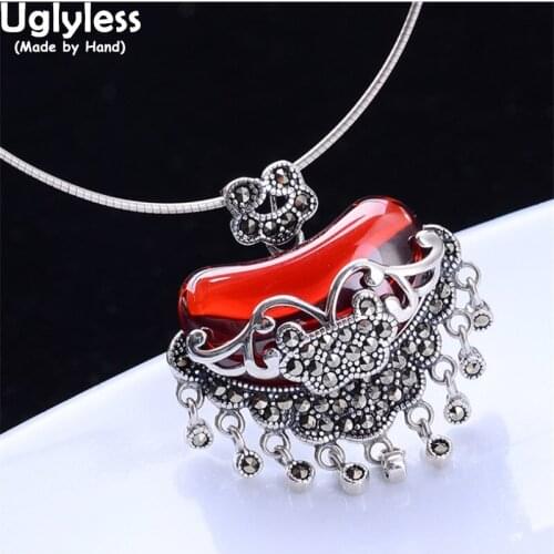Uglyless Marcasite Tassels Pendants for Women Vintage Ethnic Thai Silver Jewelry Heart Chalcedony Necklaces NO Chains 925 Silver