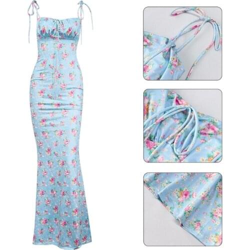 Y166 Women Sleeveless Tie Strap Sexy Lace-Up Front Backless Floral Slim Maxi Dress