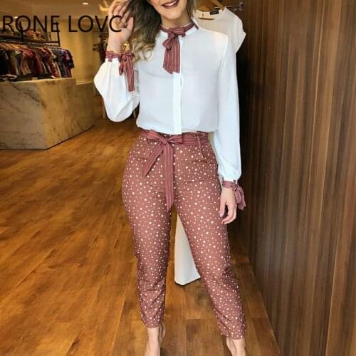 Women Spring Long Sleeves Tied Blouse Top & Polkadot Print Pants Set Casual 2 Pieces Set
