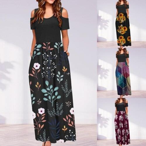 Dress Fashion Floral Print Round Neck Dress Women Long Dress Short Sleeve for Dating