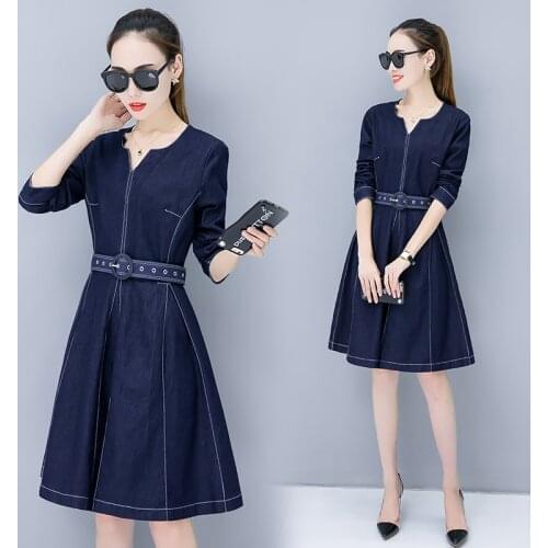 2019 Spring autumn New Denim dress female V-neck long-sleeved dresses fashion Slim cowboy Ladies dress Youth clothing for women