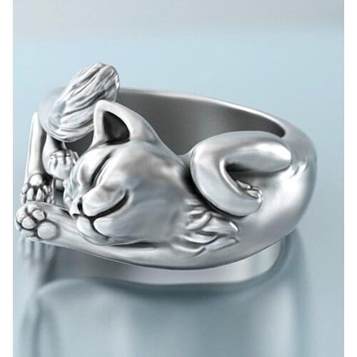 Hot Creative Cute Cat Rings For Women Silver Color Lovely Pet Animal Womens Opening Ring Party Jewelry Gift Adjustable