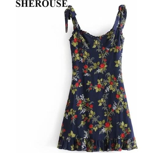2020 New Autumn Women Dress Floral Print Spaghetti Strap V-Neck Above Knee Dress Female Fashion Casual Women Clothes