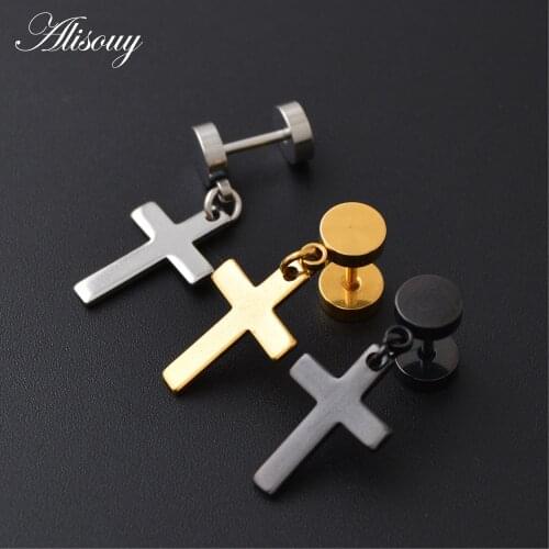 Alisouy 2 Piece Stainless Steel color Black Golden Cross Trendy Cool Men Stud Earrings For Men cross type pierced earrings
