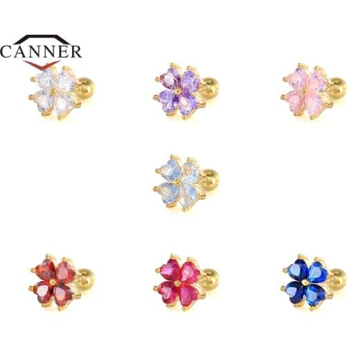 CANNER Clover Color Zircon Fashion Screw Back 925 Sterling Silver Stud Earrings for Women Piercing Earring Jewelry Pendientes