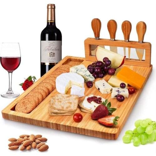 Bamboo Cheese Board Cutlery Knif Set Cutting Board with Stainless Steel Knives Cooking Tools Cheese Slicer Fork Scoop Cut WF
