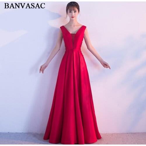 BANVASAC 2018 V Neck Lace Appliques A Line Long Evening Dresses Elegant Party Sash Crystal Backless Prom Gowns
